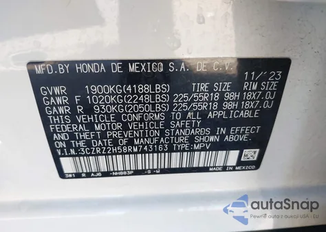 2024 Honda Hr-V Awd Sport/Awd Sport W/O Bsi z USA, uszkodzony, nr VIN 3CZRZ2H58RM743163